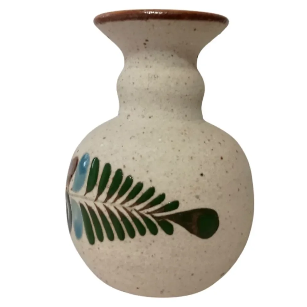 Tonala Pottery Bud Vase MINI Mexico Floral Sandstone Handpainted Signed Western.